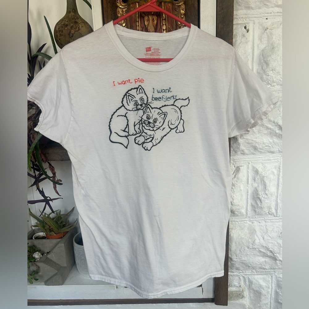 White T-Shirt with Cat Graphic